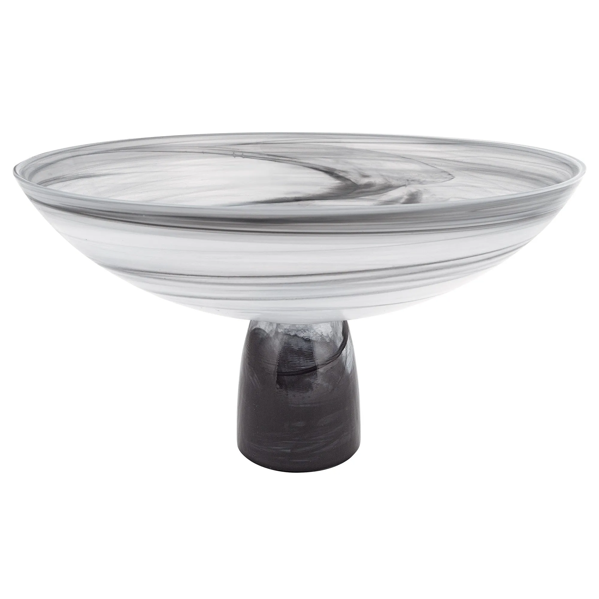(D) Elegant Alabaster Glass Black and White Round Bowl Footed on Base (D11" X 5")