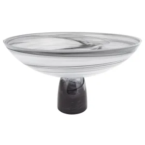 (D) Elegant Alabaster Glass Black and White Round Bowl Footed on Base (D11" X 5")