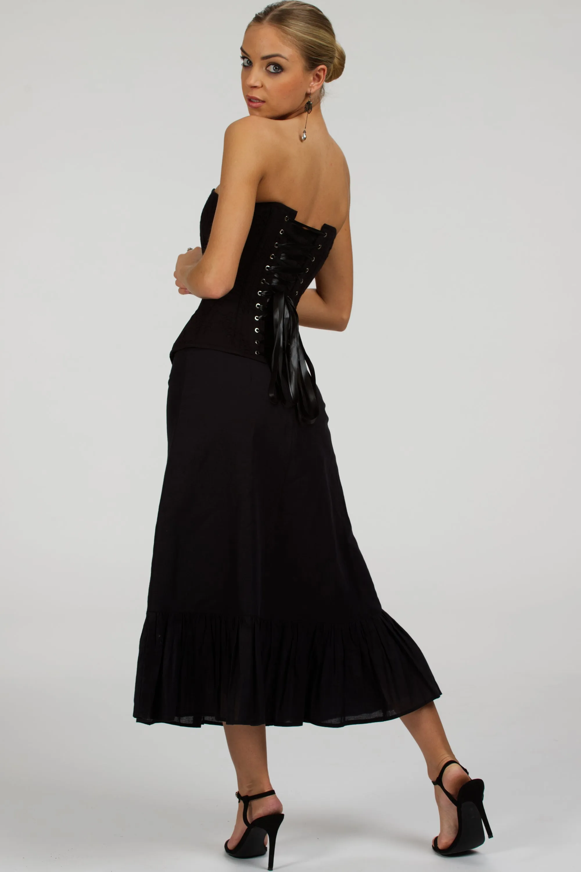Dahlia Black Broderie Anglaise Cotton Overbust Corset with Zip Front