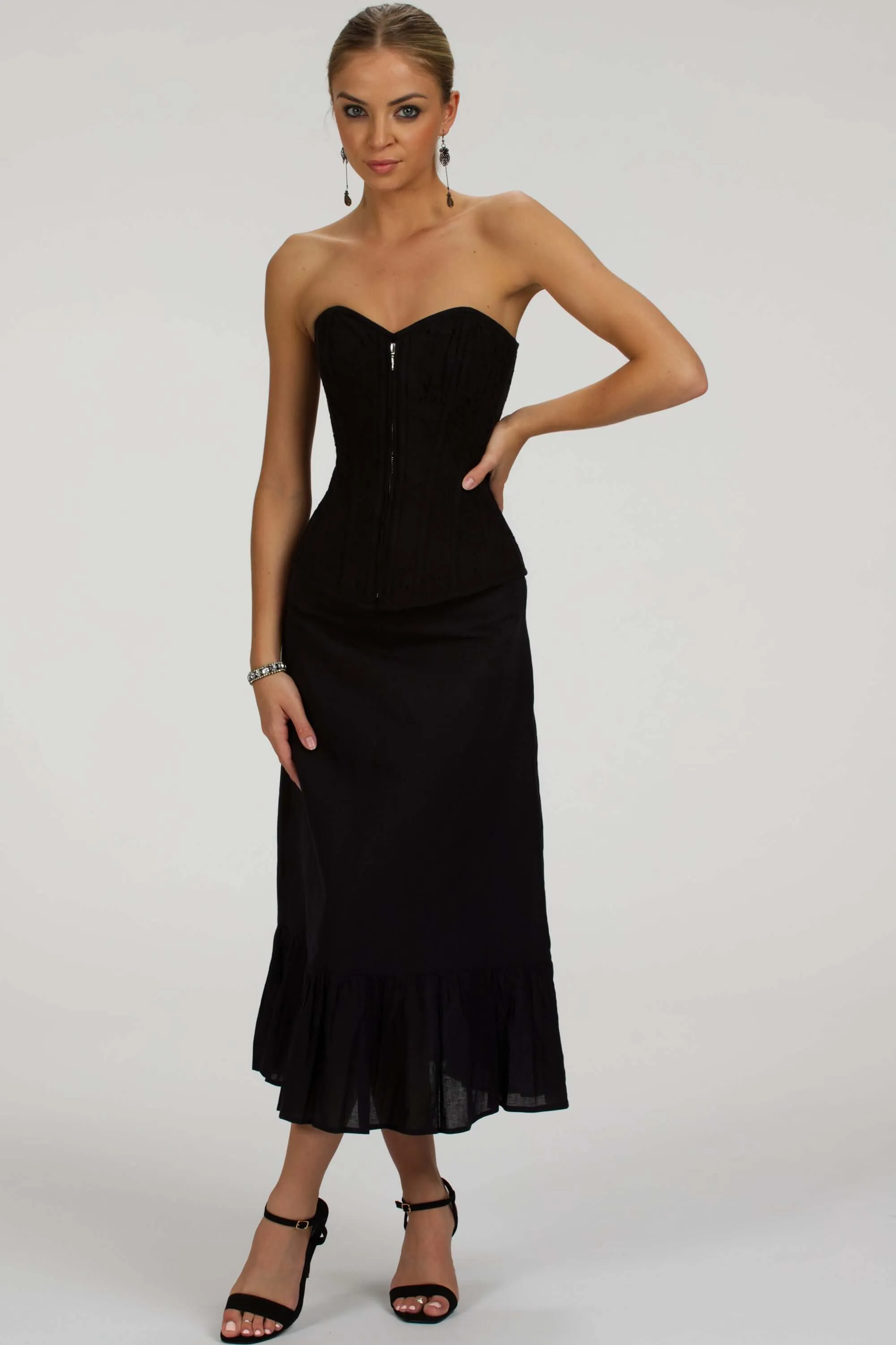 Dahlia Black Broderie Anglaise Cotton Overbust Corset with Zip Front