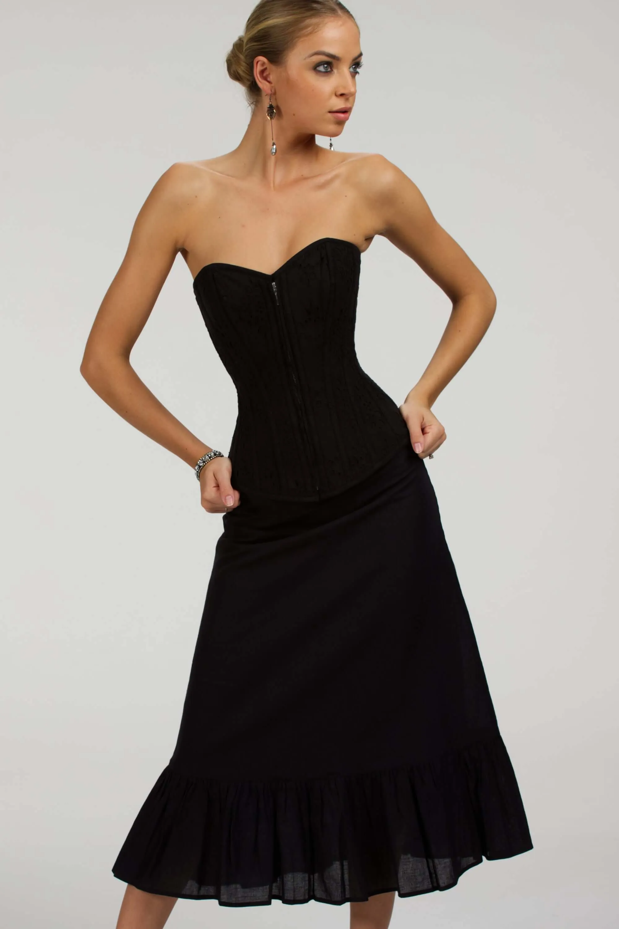 Dahlia Black Broderie Anglaise Cotton Overbust Corset with Zip Front