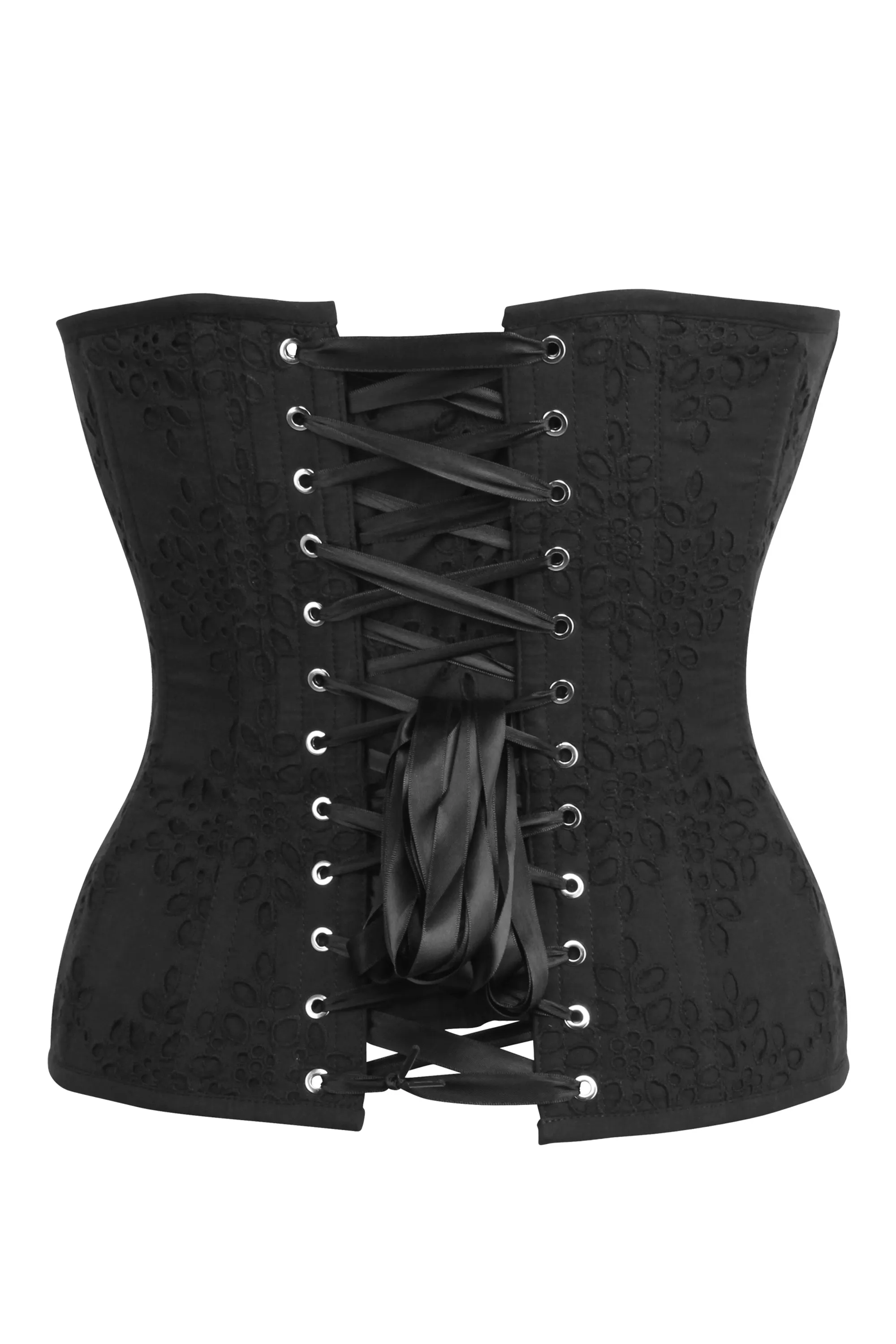 Dahlia Black Broderie Anglaise Cotton Overbust Corset with Zip Front