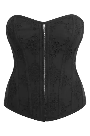 Dahlia Black Broderie Anglaise Cotton Overbust Corset with Zip Front