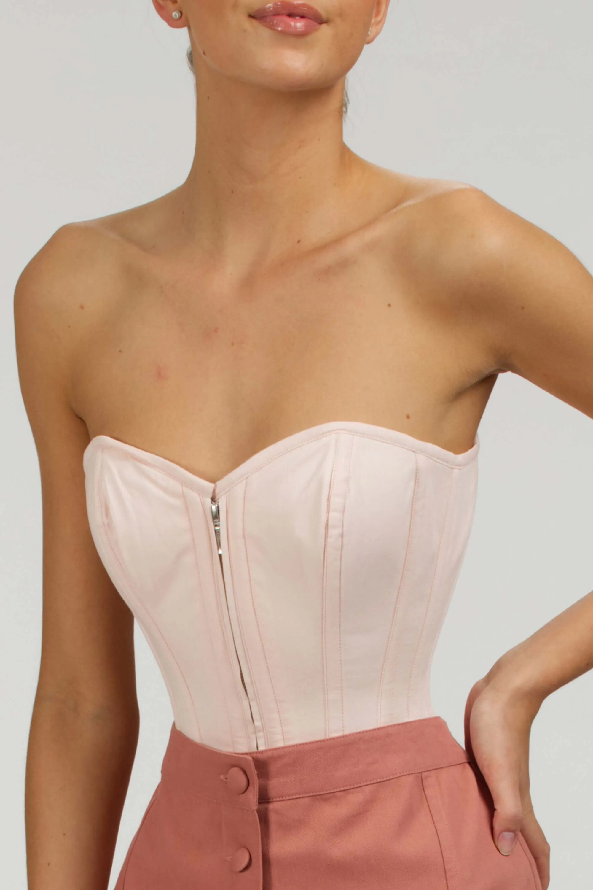 Dahlia Prairie Pink Cotton Overbust Corset With Zip Front