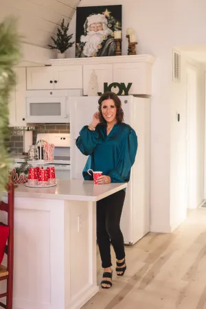 Dark Teal Satin Blouse with Bubble Sleeve