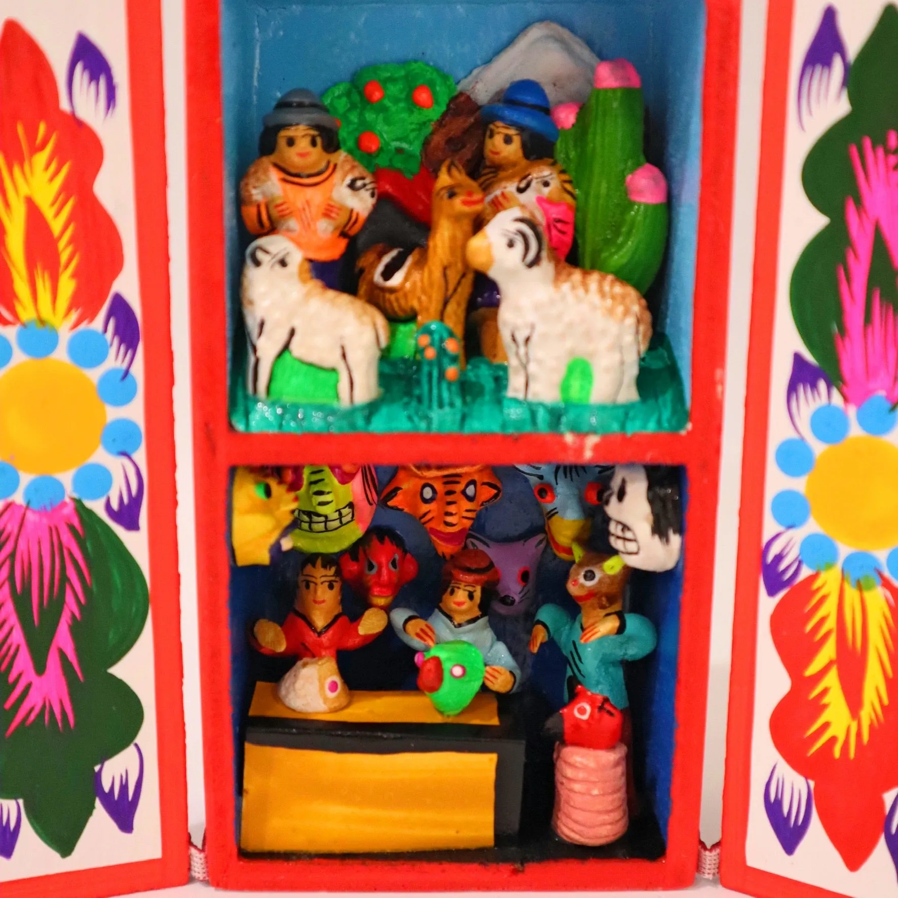 Diorama Retablo Wood Box Andean Shepherds & Handcrafting of Masks Scene 6.40" Tall