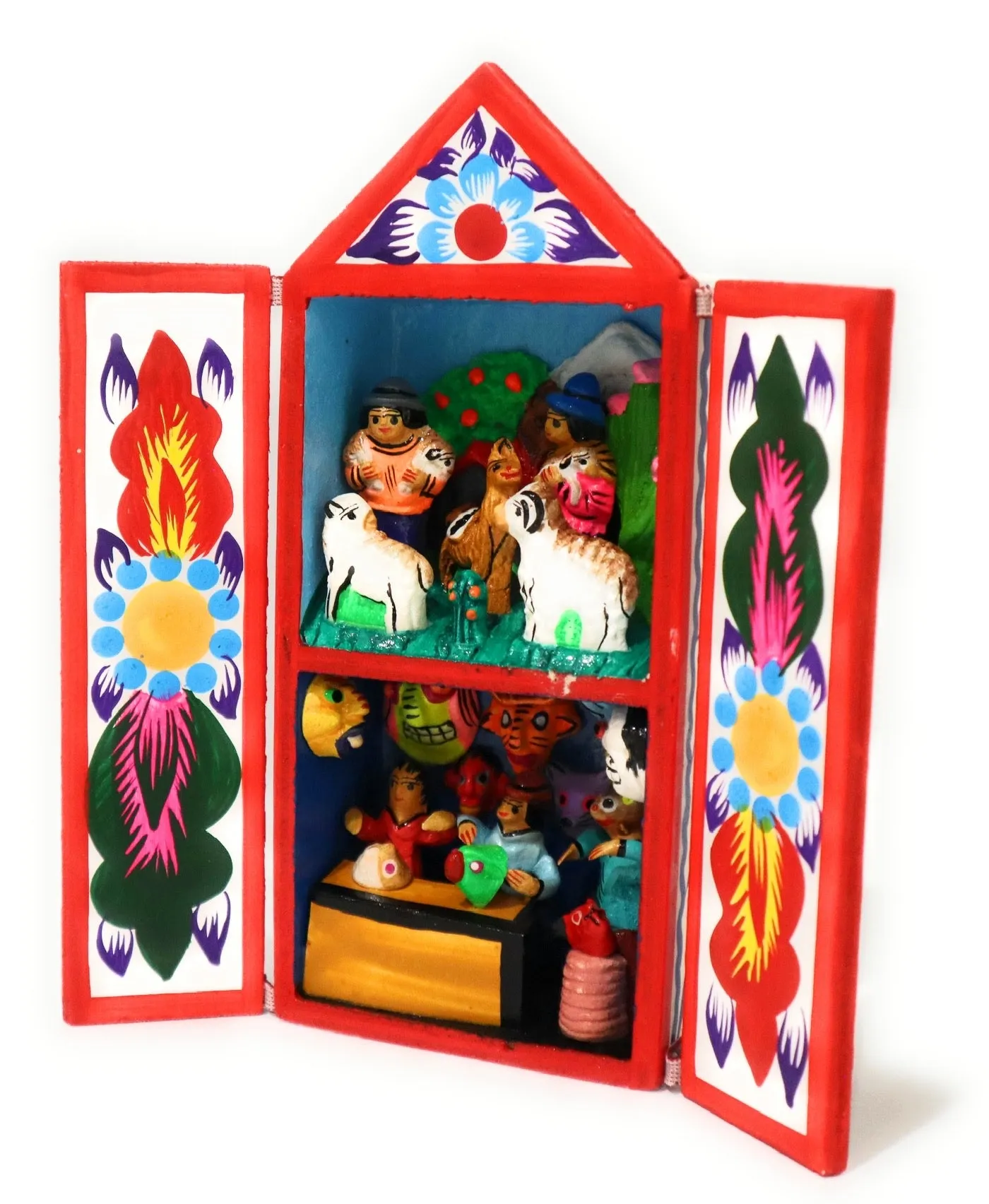 Diorama Retablo Wood Box Andean Shepherds & Handcrafting of Masks Scene 6.40" Tall