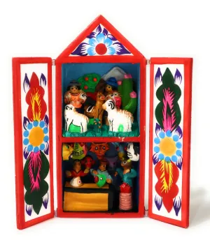 Diorama Retablo Wood Box Andean Shepherds & Handcrafting of Masks Scene 6.40" Tall