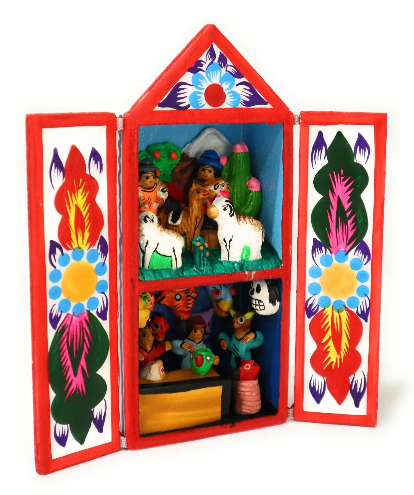 Diorama Retablo Wood Box Andean Shepherds & Handcrafting of Masks Scene 6.40" Tall
