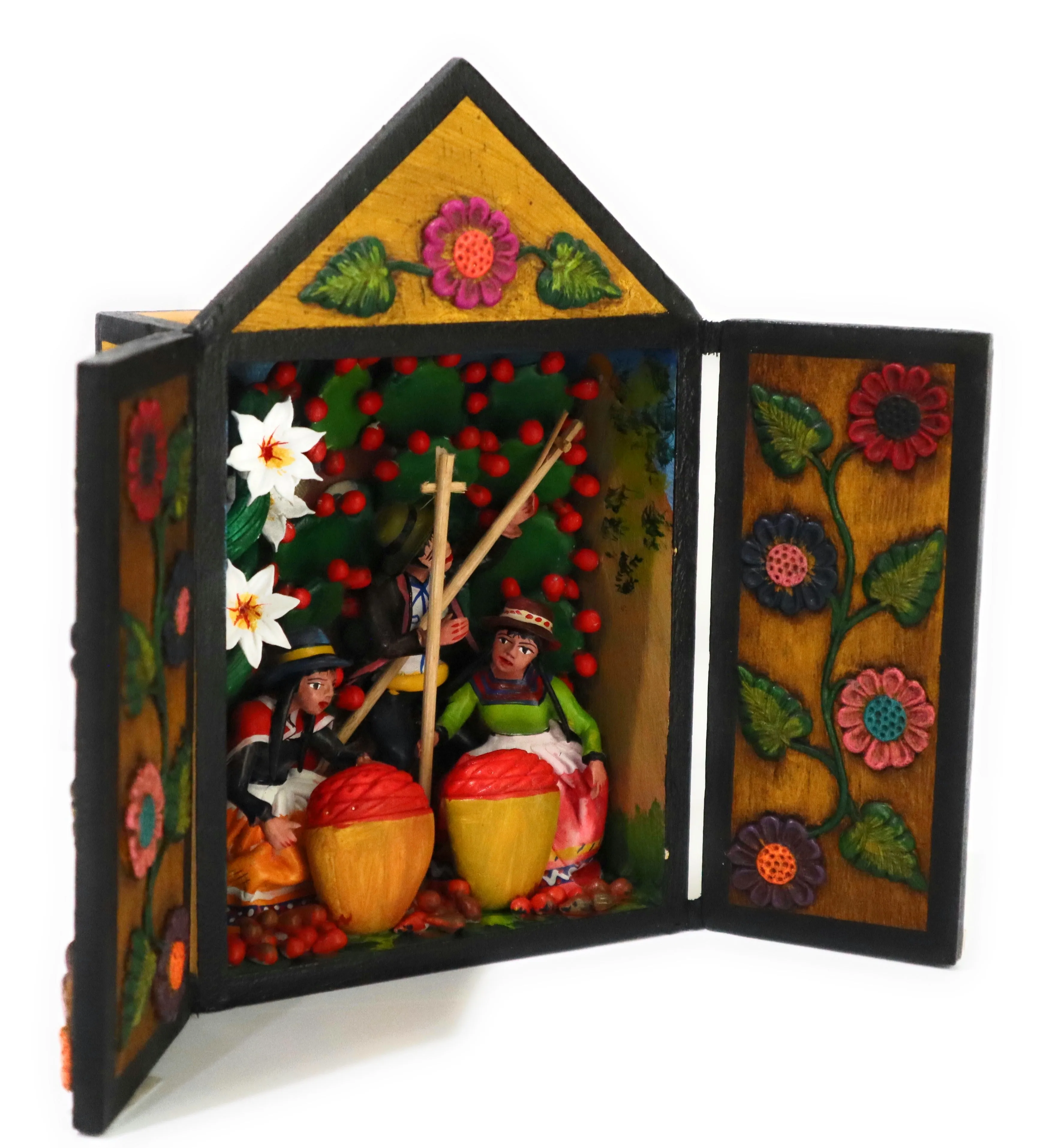 Diorama Retablo Wood Box Harvesting of Prickly Pear Cactus Fruit "Tuna" Scene. 7.5" Tall