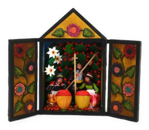 Diorama Retablo Wood Box Harvesting of Prickly Pear Cactus Fruit "Tuna" Scene. 7.5" Tall