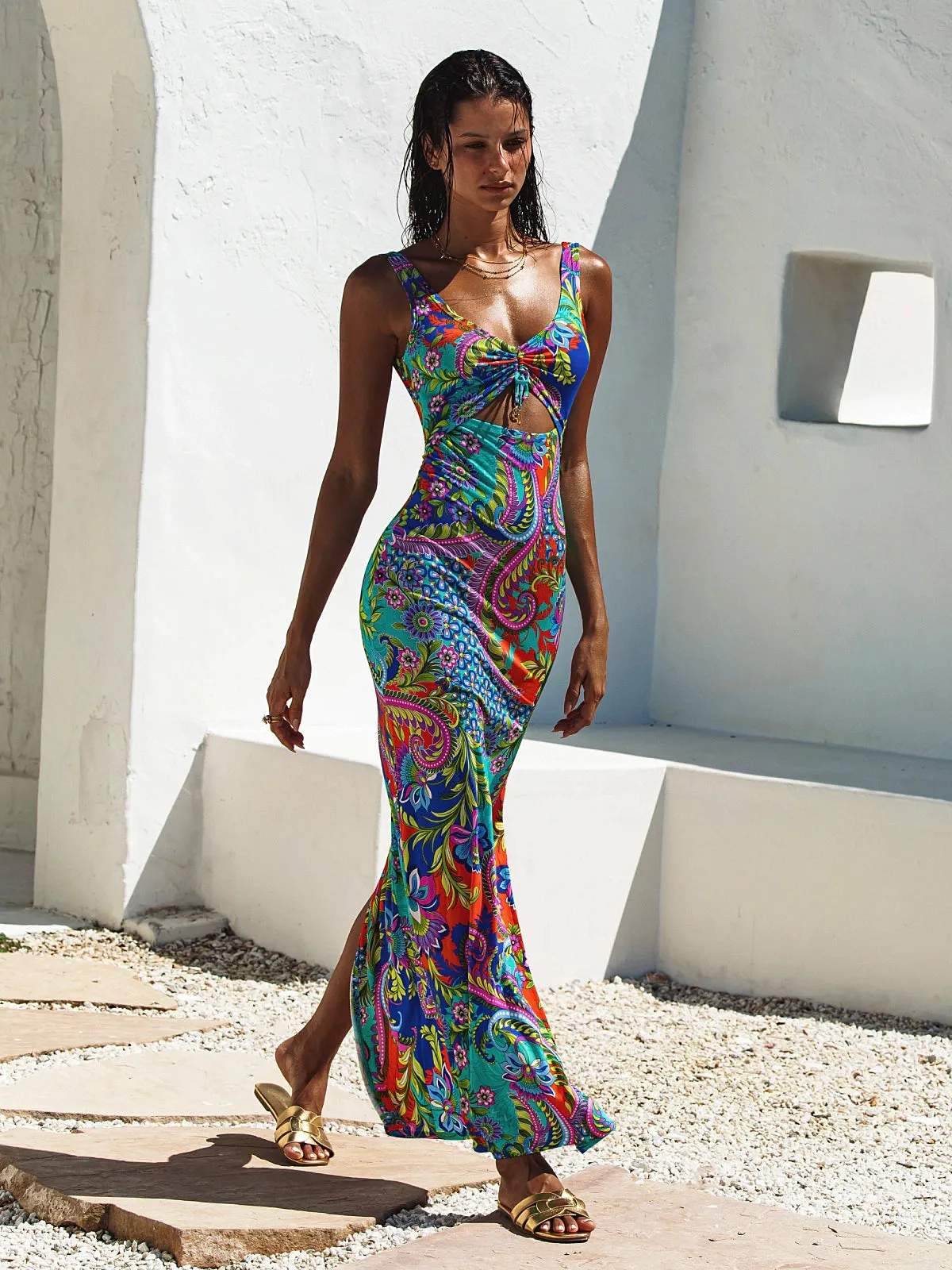Drawstring Peek-A-Boo Maxi Dress