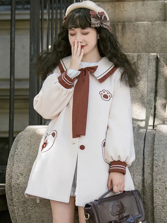 Ecru White Lolita Coats Ruffles Bows Polyester Bow Color Block Fall Lolita Outwears