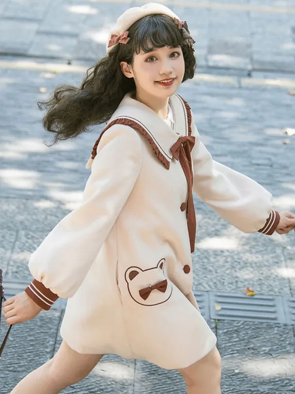 Ecru White Lolita Coats Ruffles Bows Polyester Bow Color Block Fall Lolita Outwears