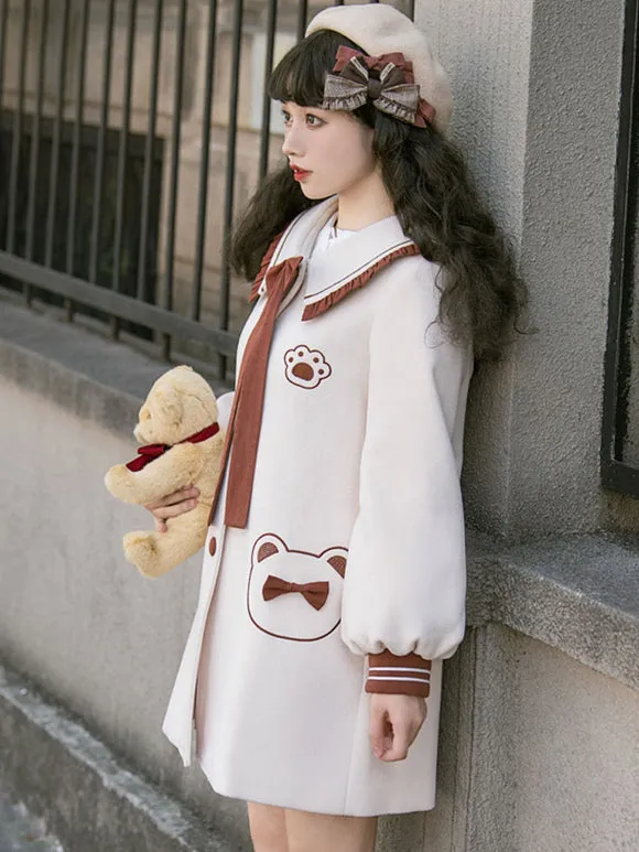 Ecru White Lolita Coats Ruffles Bows Polyester Bow Color Block Fall Lolita Outwears