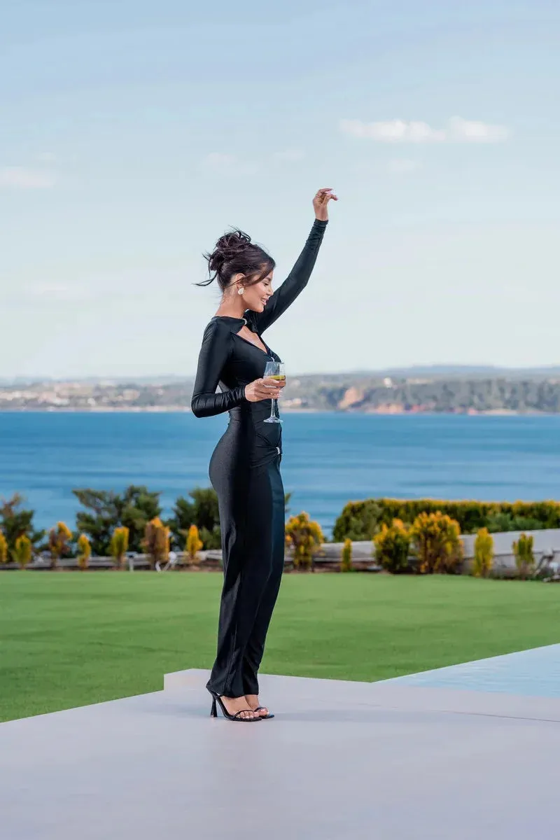 Elegant Black Cutout Long-Sleeve Evening Gown Hollow Out Maxi Dress