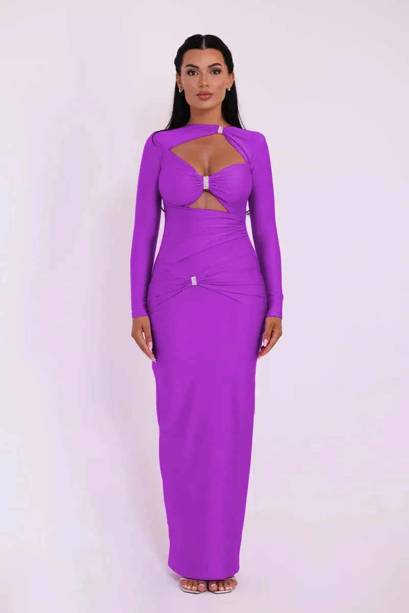 Elegant Black Cutout Long-Sleeve Evening Gown Hollow Out Maxi Dress