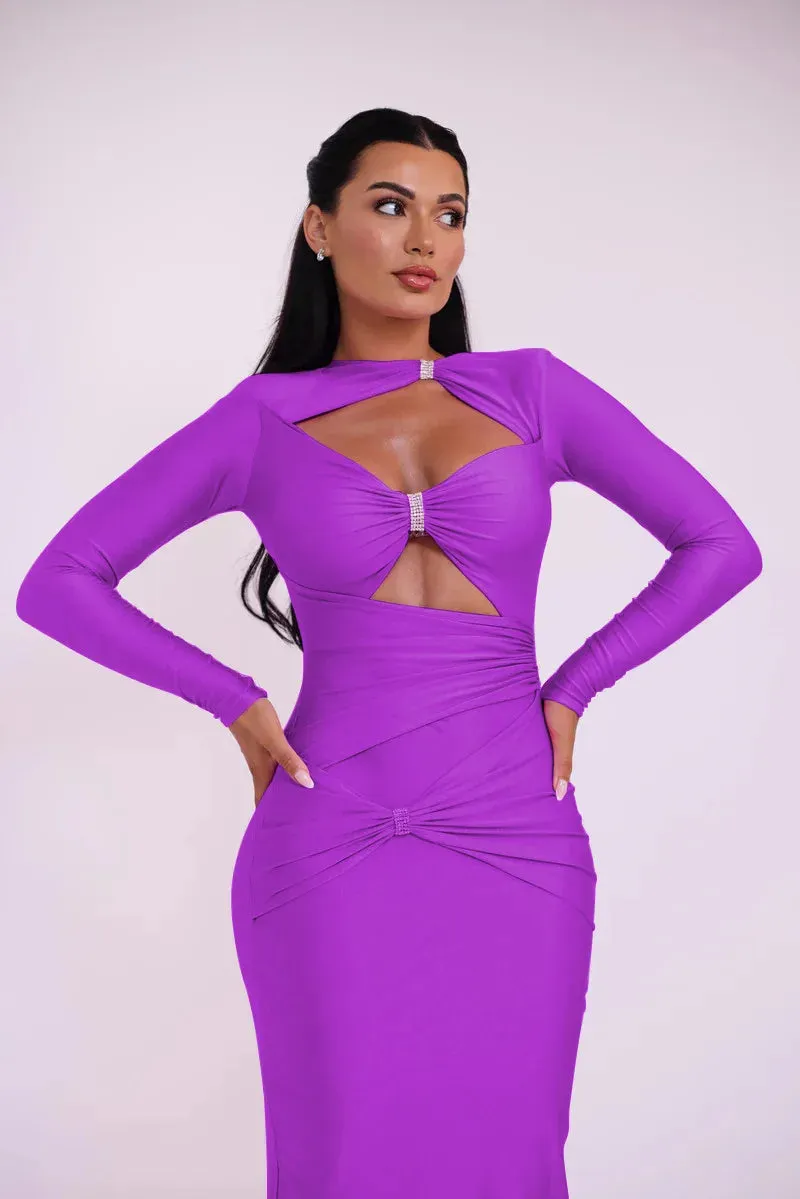 Elegant Black Cutout Long-Sleeve Evening Gown Hollow Out Maxi Dress
