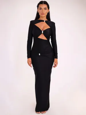 Elegant Black Cutout Long-Sleeve Evening Gown Hollow Out Maxi Dress