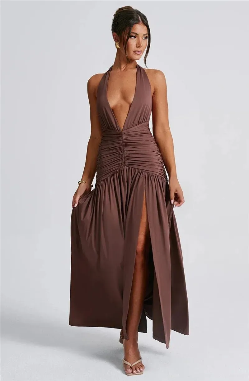 Elegant Halter Maxi Dress with High Slit in Deep Burgundy Black & White Colors