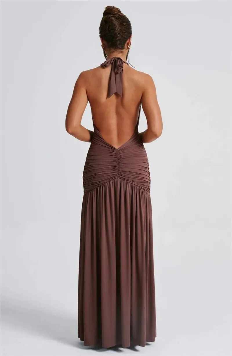 Elegant Halter Maxi Dress with High Slit in Deep Burgundy Black & White Colors