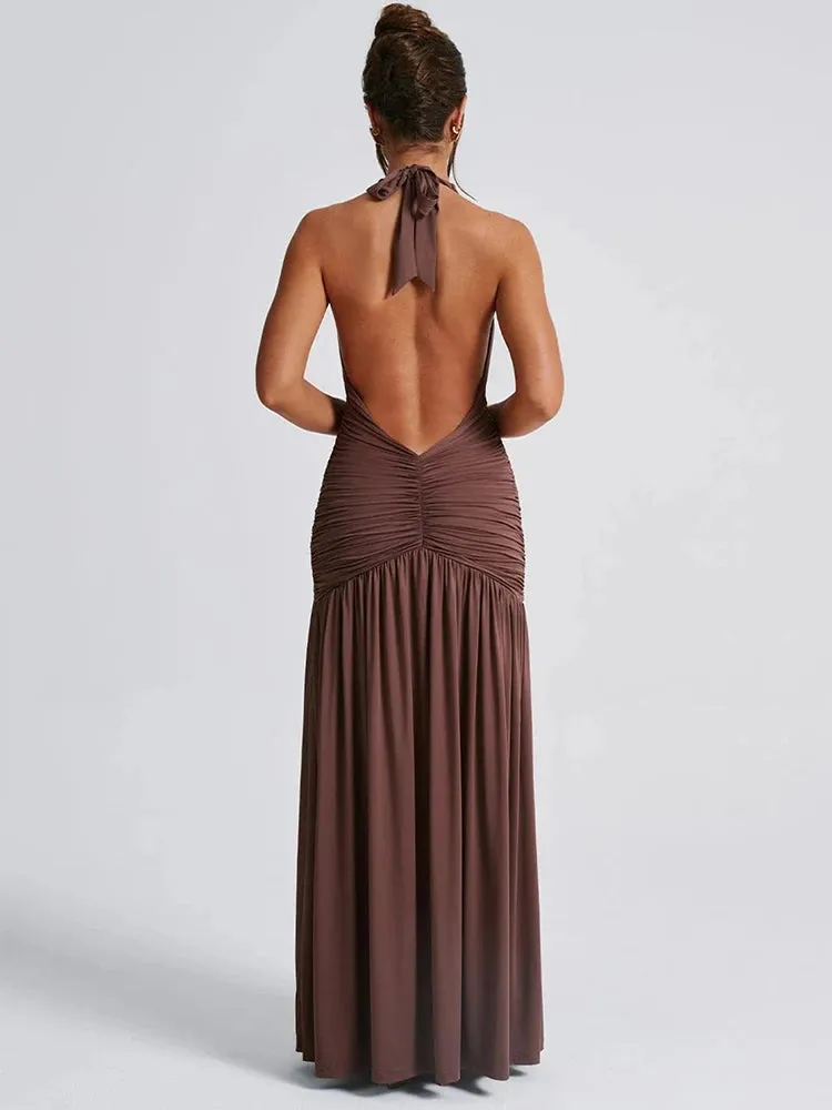 Elegant Halter Maxi Dress with High Slit in Deep Burgundy Black & White Colors