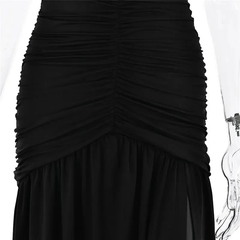 Elegant Halter Maxi Dress with High Slit in Deep Burgundy Black & White Colors