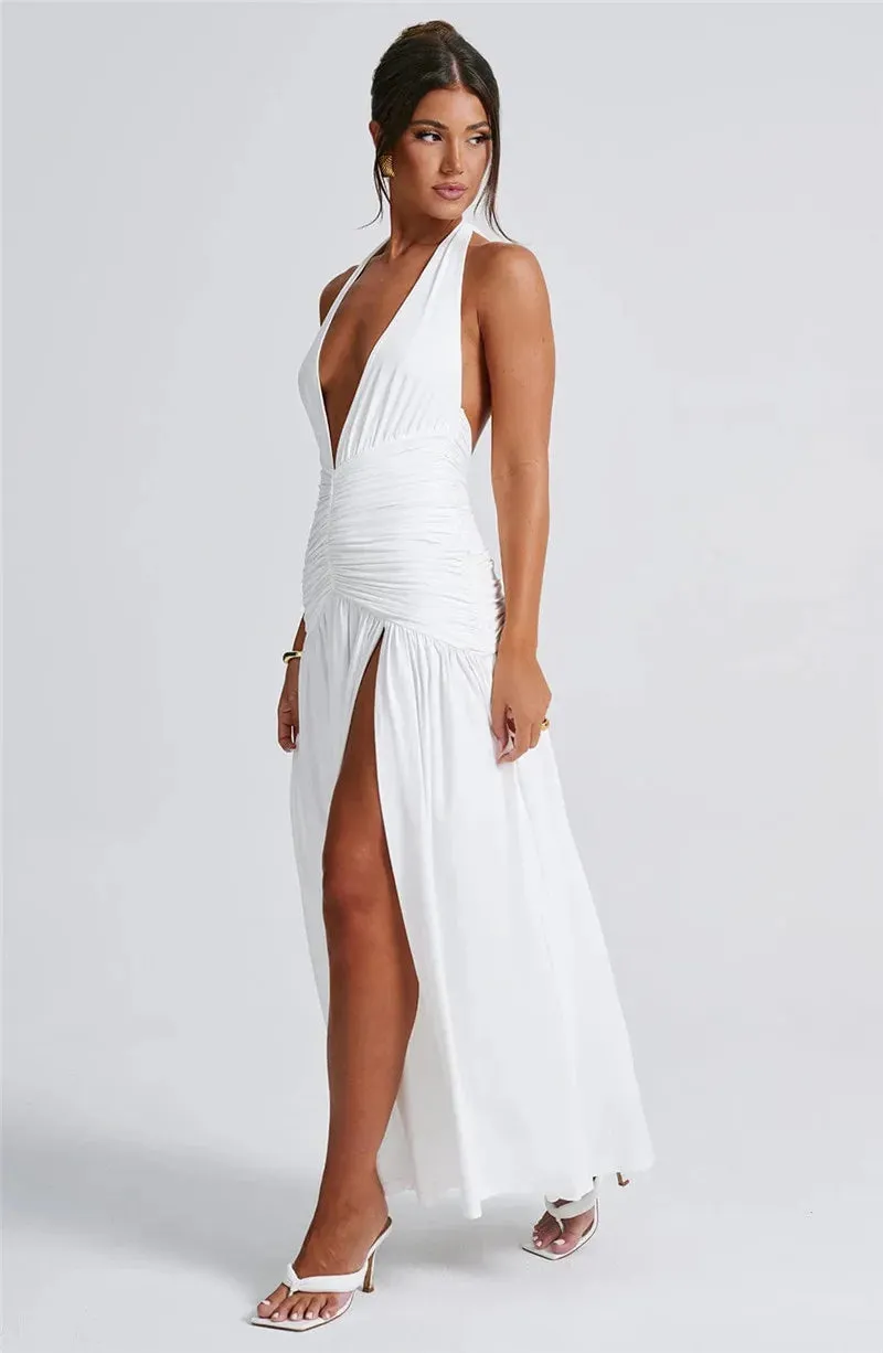 Elegant Halter Maxi Dress with High Slit in Deep Burgundy Black & White Colors