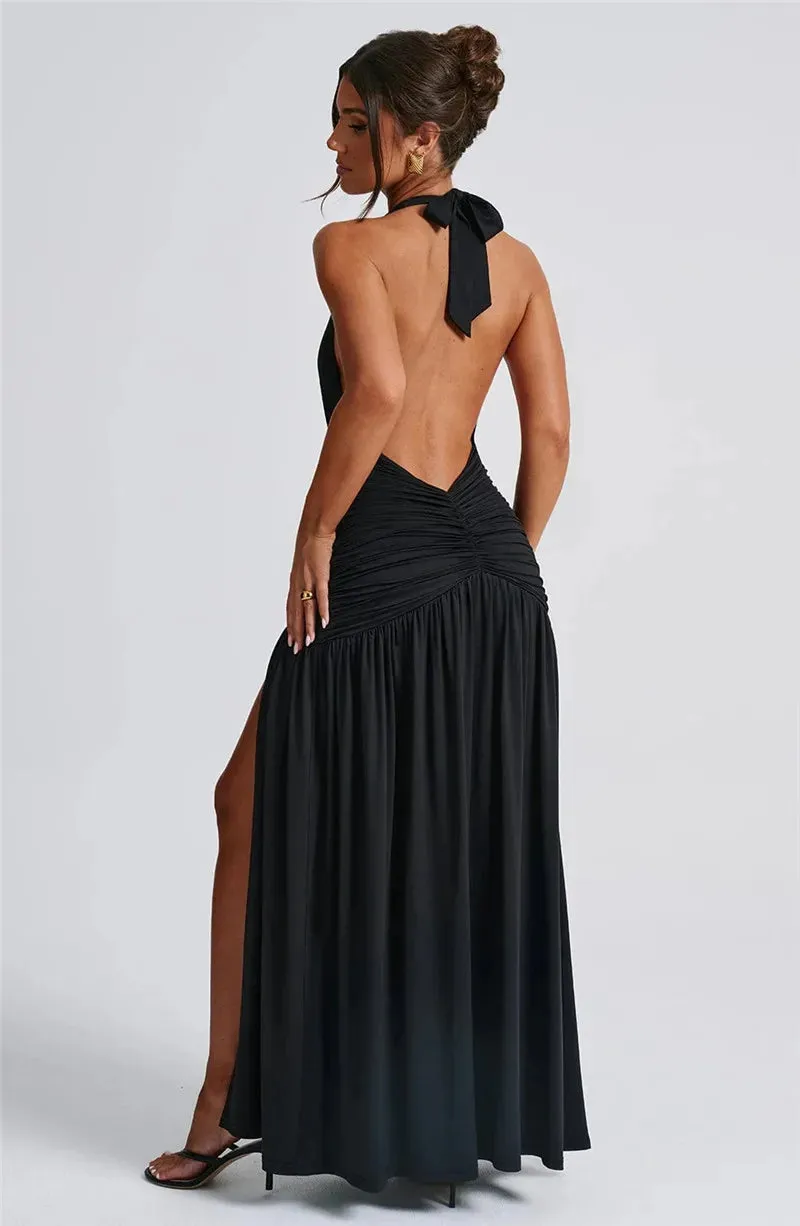 Elegant Halter Maxi Dress with High Slit in Deep Burgundy Black & White Colors