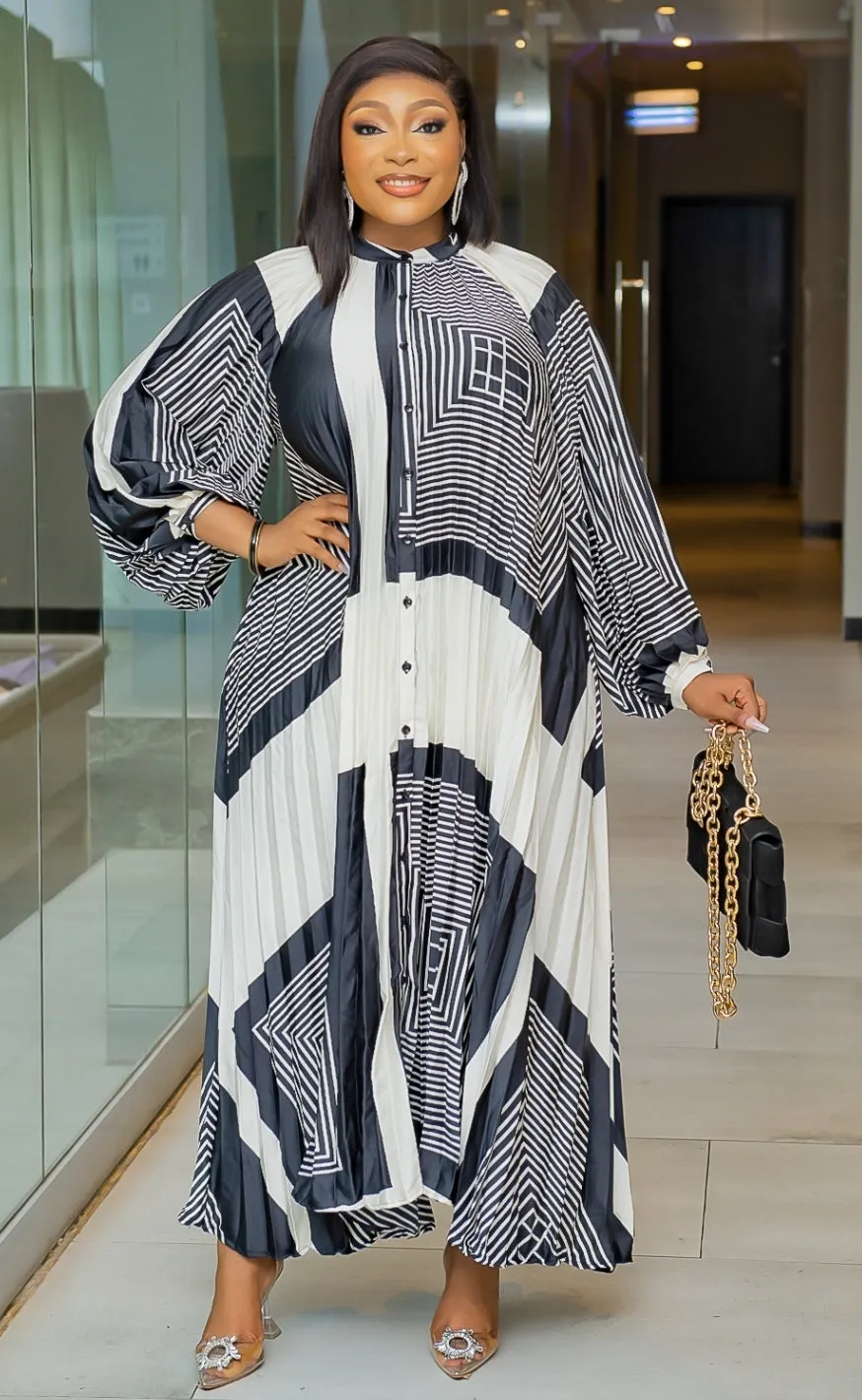 Ellabelle- Pleats Detail Maxi Dress with Tie Belt (New)