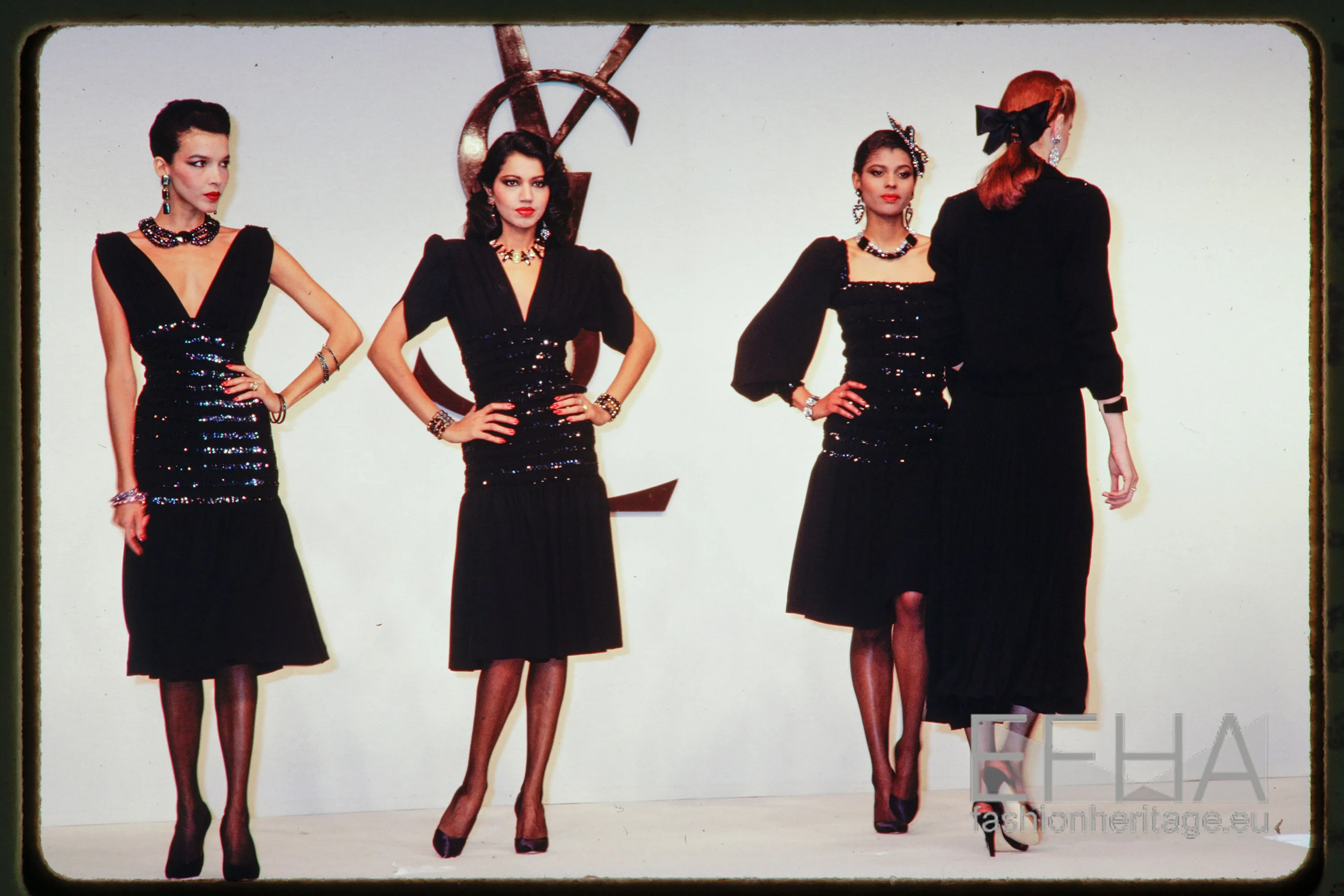 Fall 1983 Yves Saint Laurent Ad Campaign Black Silk Crepe Dress w Sequin Detailing