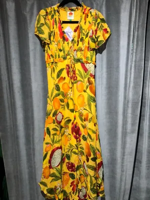 Farm Rio Yellow Fruit and Flower Short Sleeve Maxi Dress