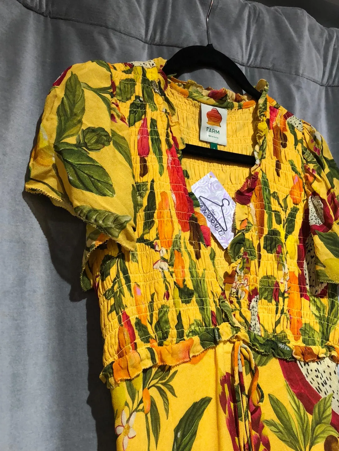 Farm Rio Yellow Fruit and Flower Short Sleeve Maxi Dress