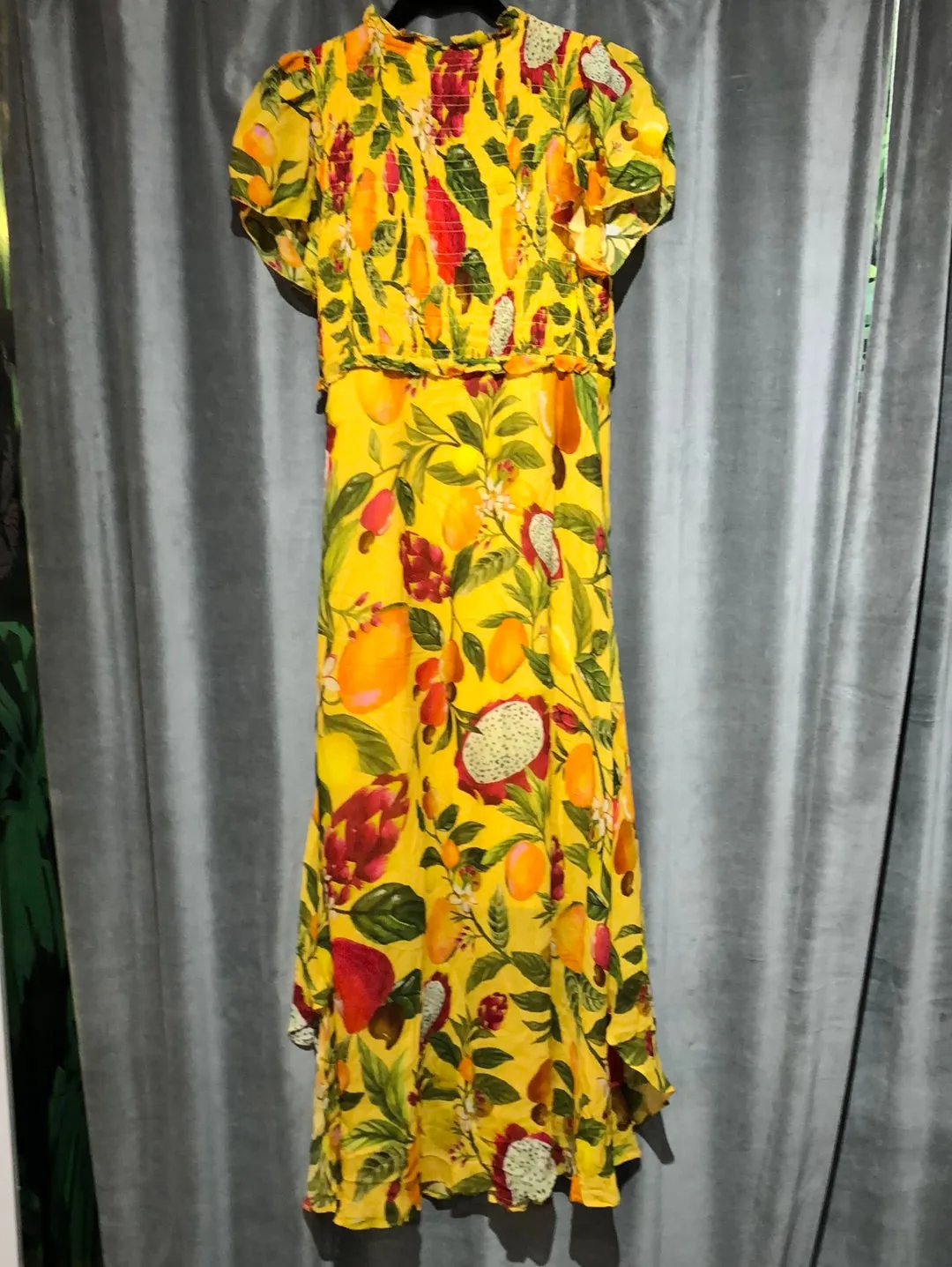 Farm Rio Yellow Fruit and Flower Short Sleeve Maxi Dress