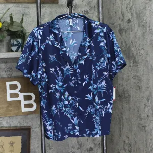 Flora by Flora Nikrooz Womens Satin Notch Collar Short Sleeve Pajama Top Blue XL