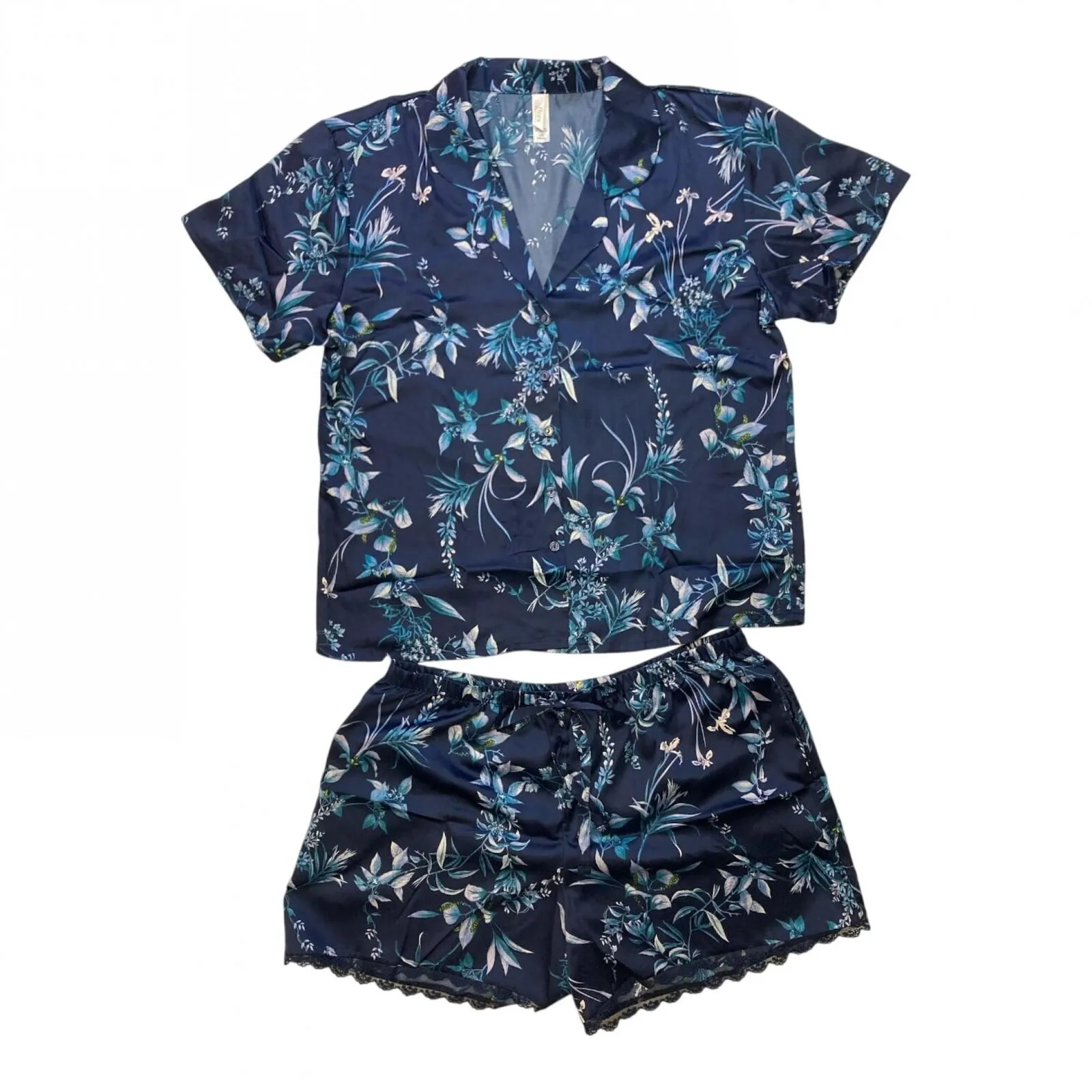 Flora by Flora Nikrooz Womens Satin Notch Collar Short Sleeve Pajama Top Blue XL