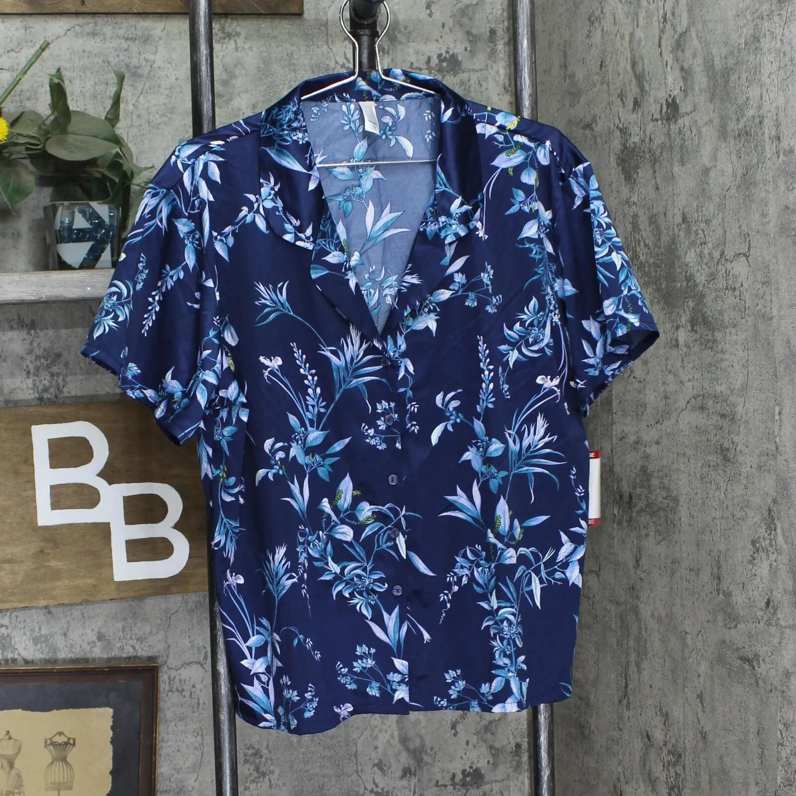 Flora by Flora Nikrooz Womens Satin Notch Collar Short Sleeve Pajama Top Blue XL