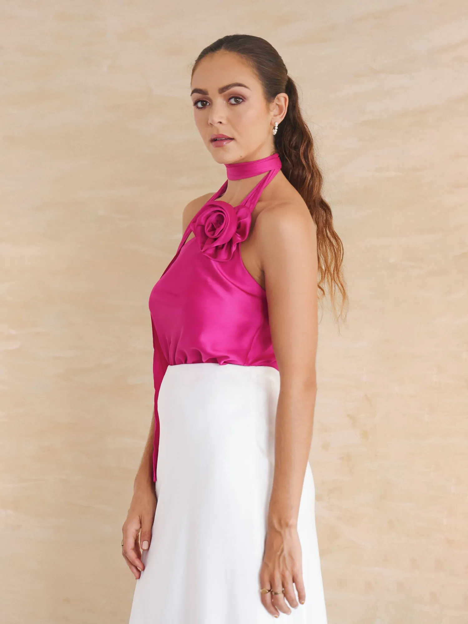 Flower Detailed One Shoulder Satin Top