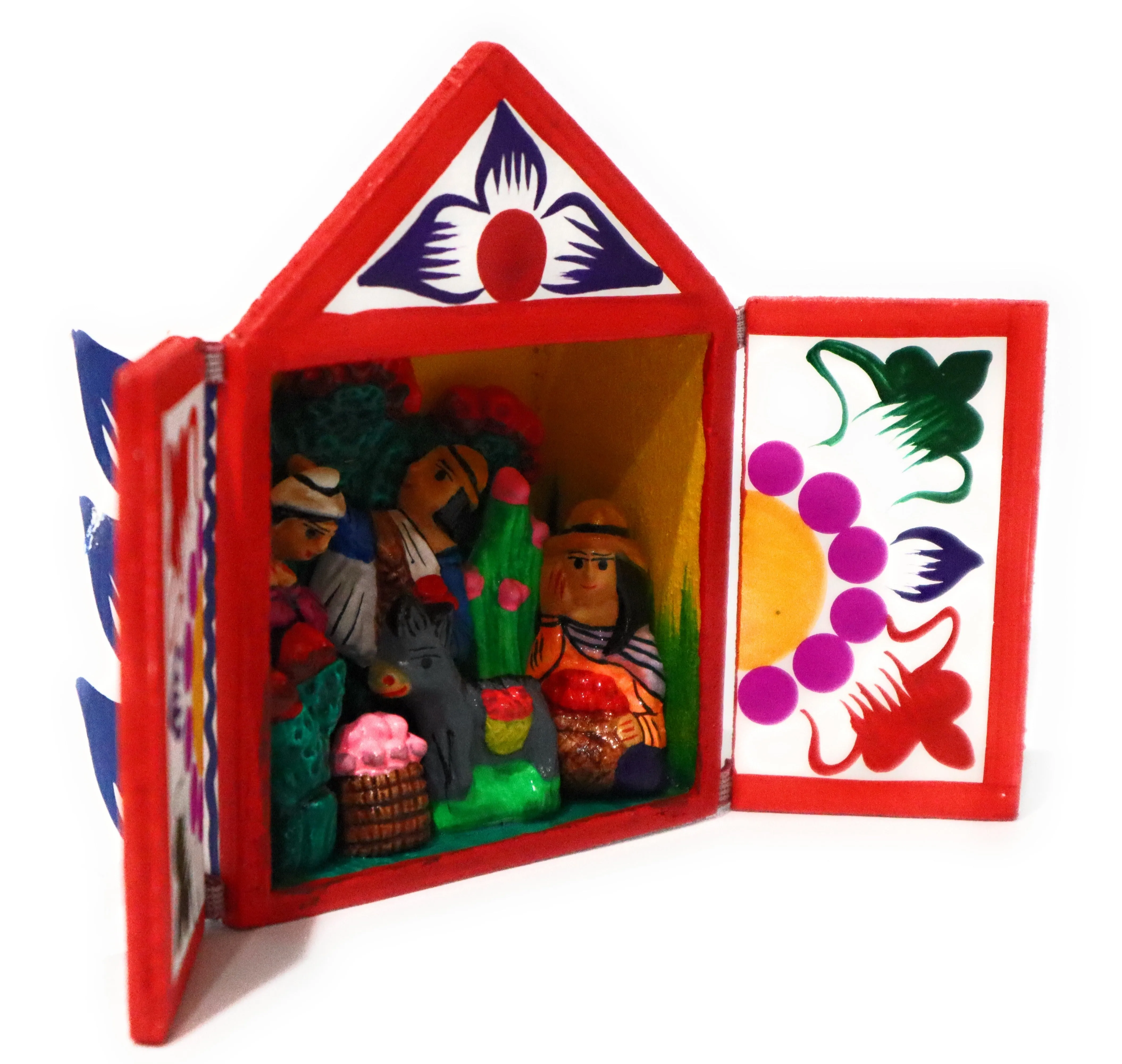 Folk Art. Altarpiece Retablo Box. Andean Tuna Fruit Harvest Scene. Small 4" H x 3.12" W