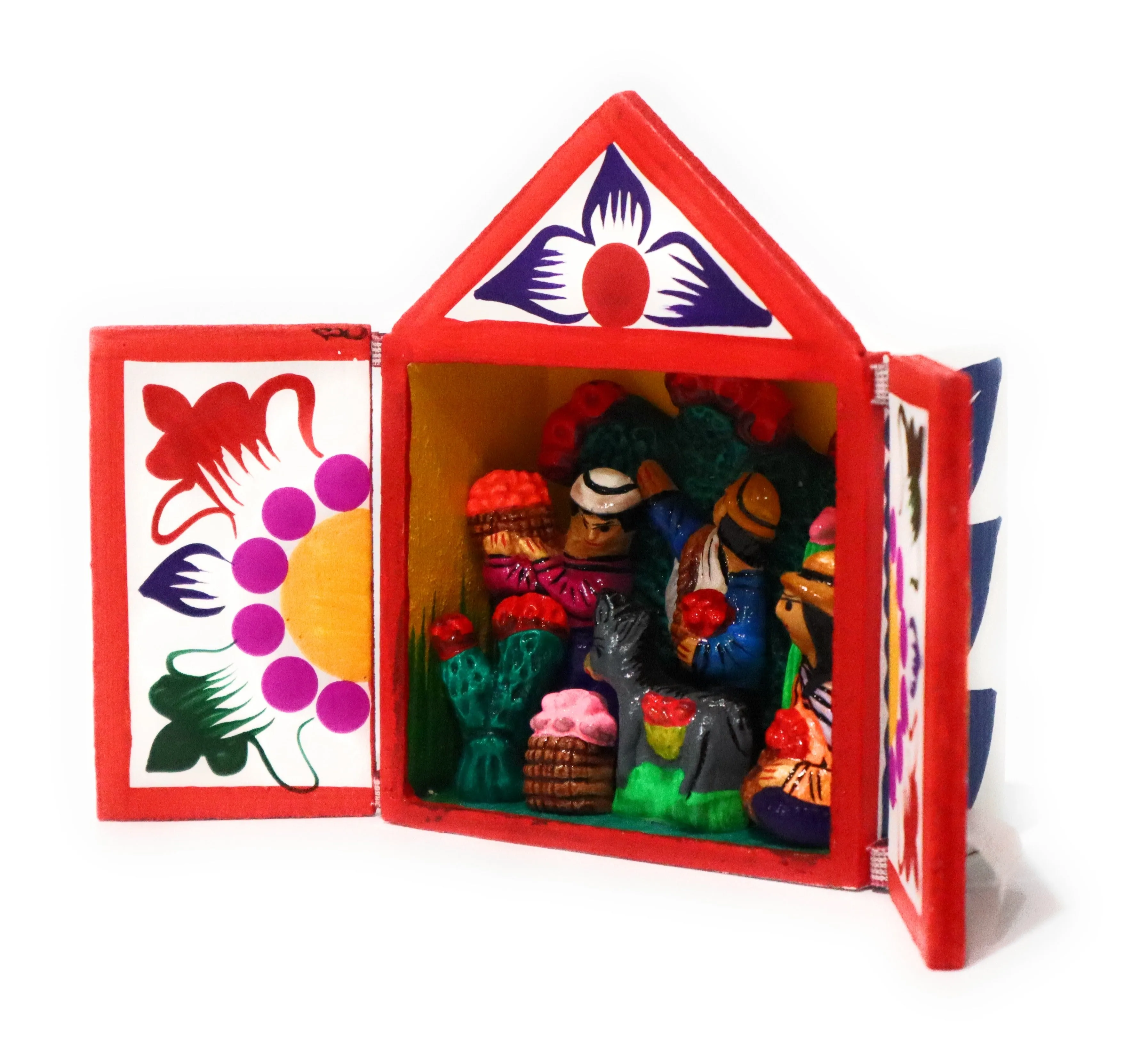 Folk Art. Altarpiece Retablo Box. Andean Tuna Fruit Harvest Scene. Small 4" H x 3.12" W