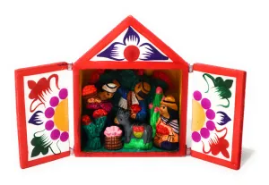 Folk Art. Altarpiece Retablo Box. Andean Tuna Fruit Harvest Scene. Small 4" H x 3.12" W