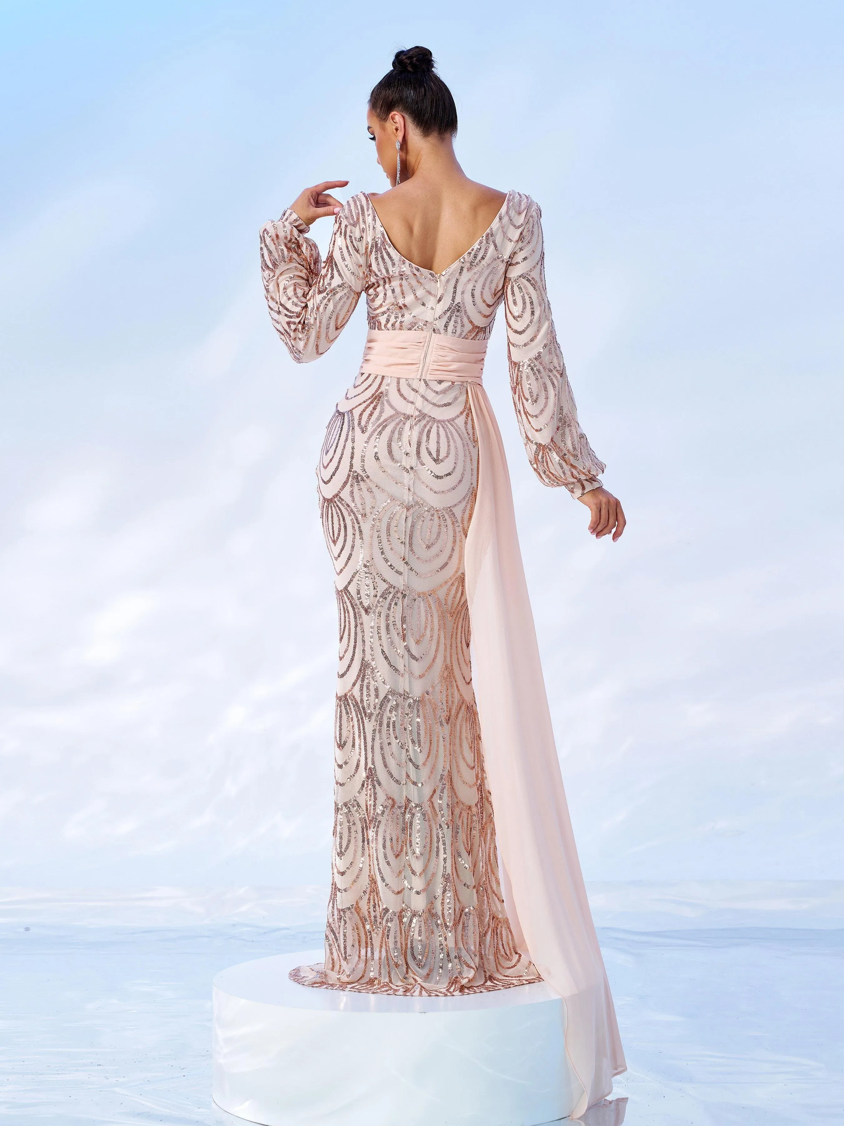 Formal Draping Sequin Long Sleeve Dress XJ1524