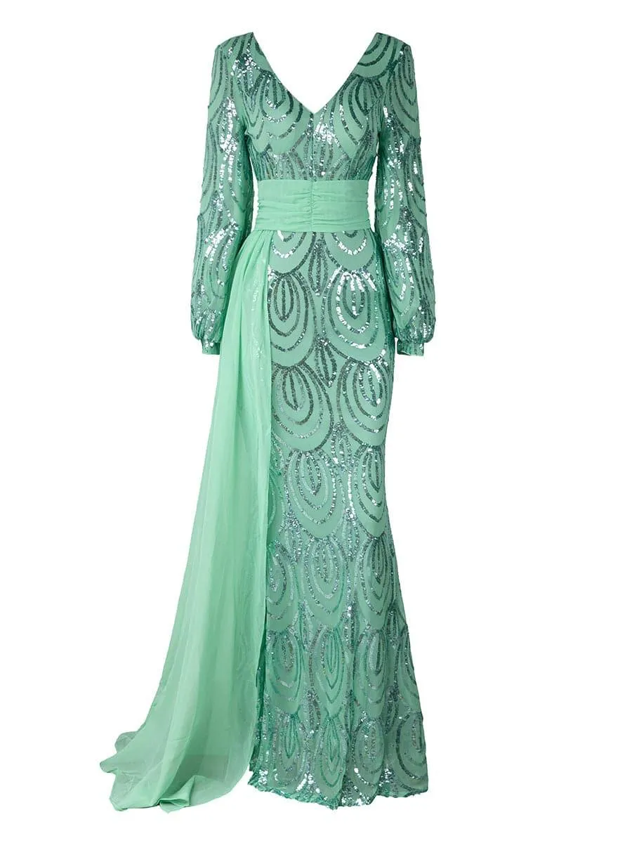 Formal Draping Sequin Long Sleeve Dress XJ1524