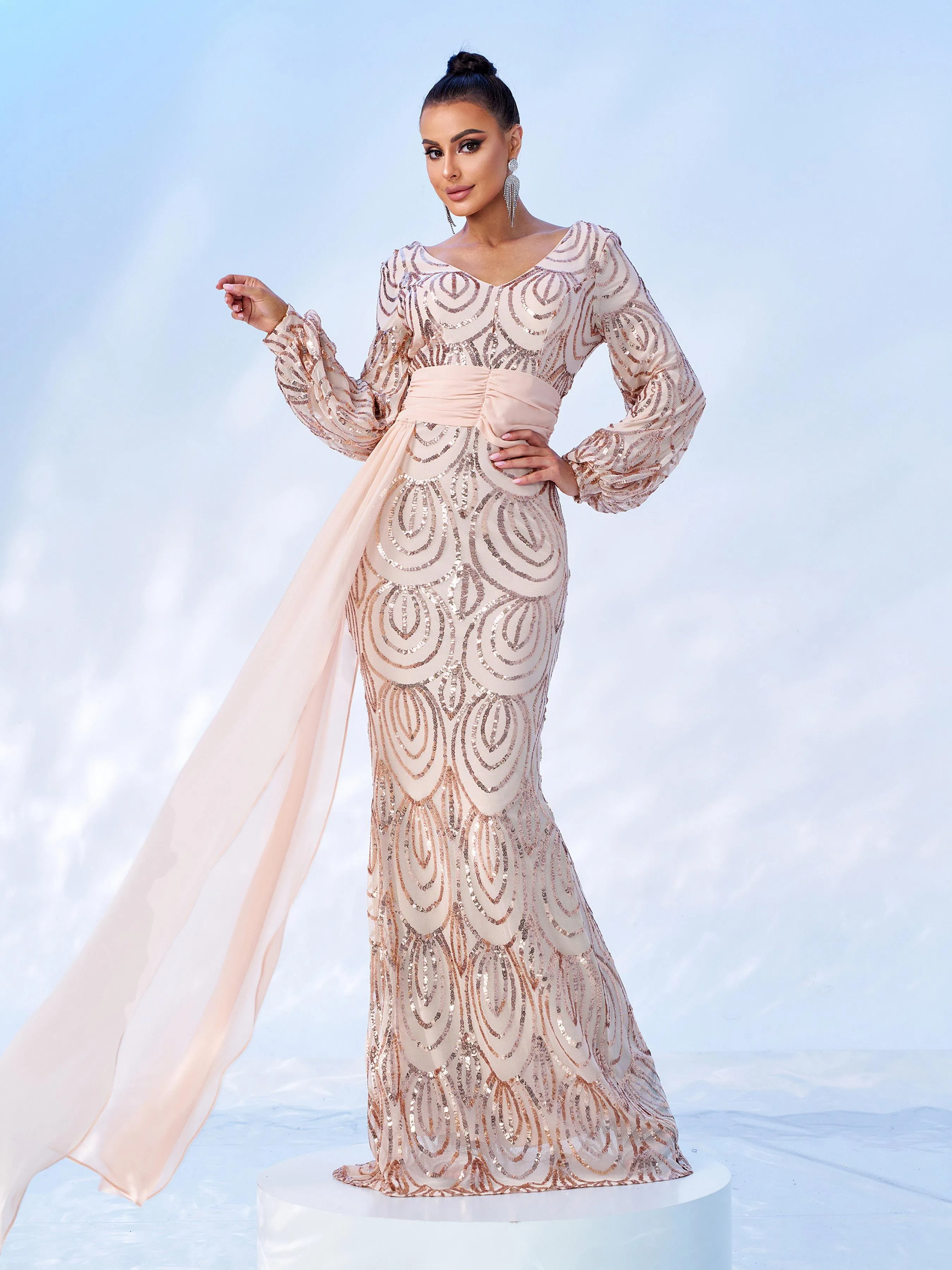 Formal Draping Sequin Long Sleeve Dress XJ1524