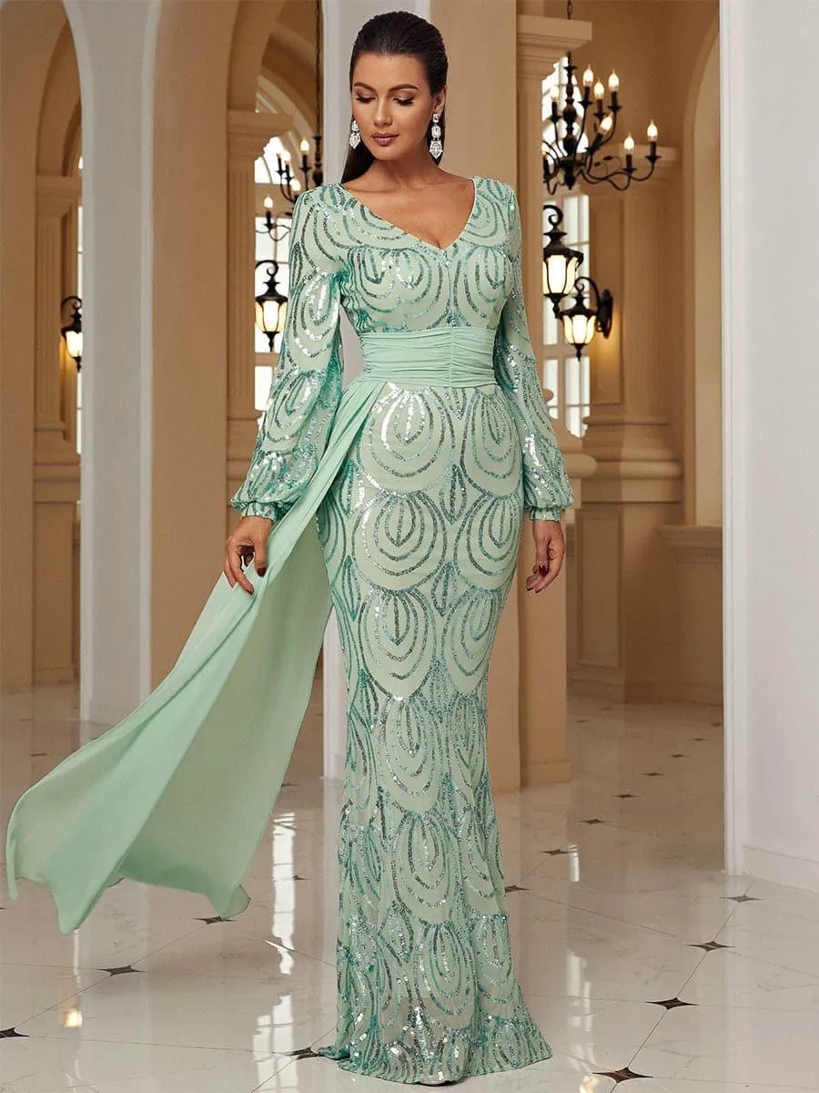 Formal Draping Sequin Long Sleeve Dress XJ1524