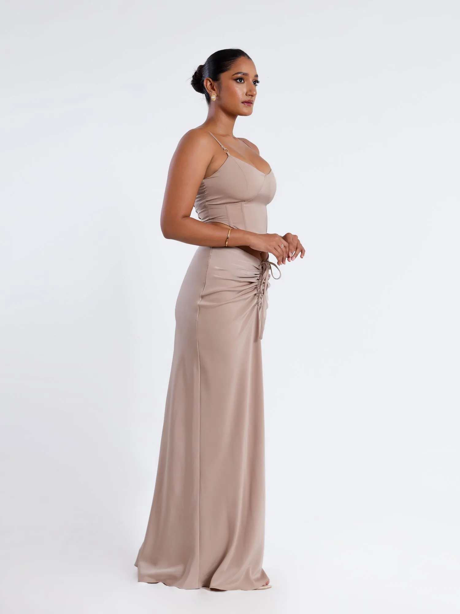 Front Ruched Satin Maxi Skirt