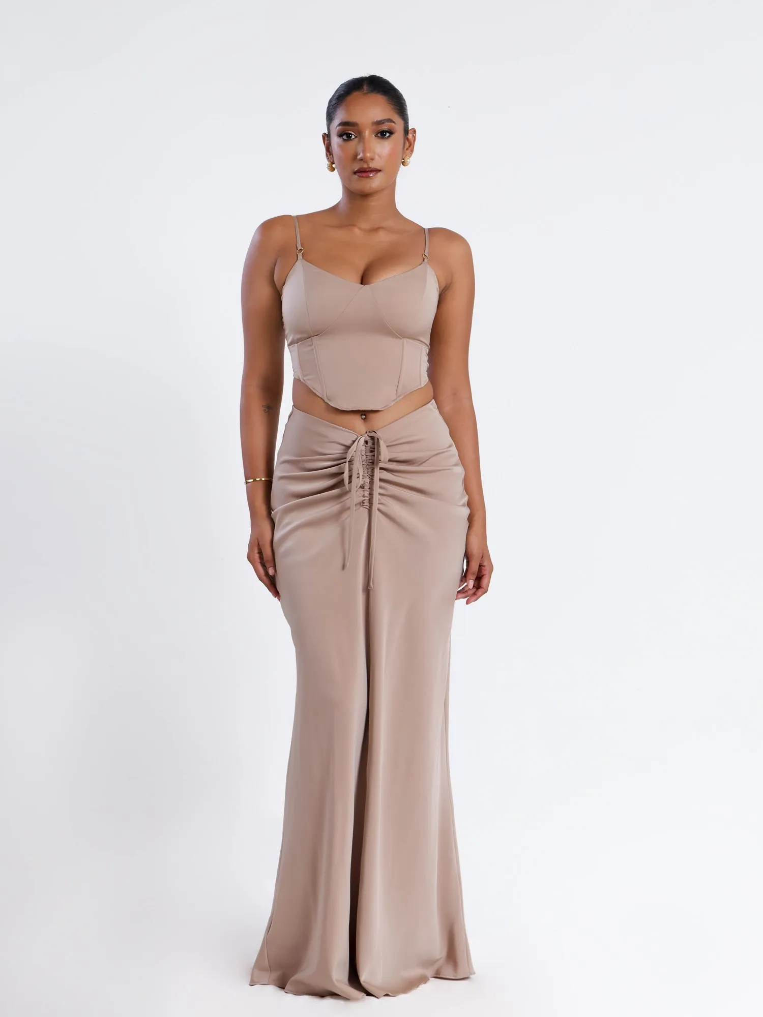 Front Ruched Satin Maxi Skirt