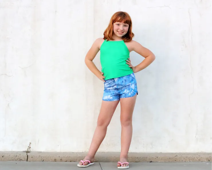 Girls UPF 50  Recycled Poly Printed Swim Trunks | Tie Dye Blue White Flowers