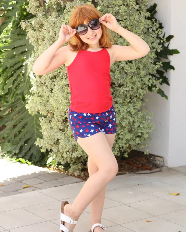 Girls UPF 50  Recycled Poly Printed Swim Trunks | Tie Dye Blue White Flowers