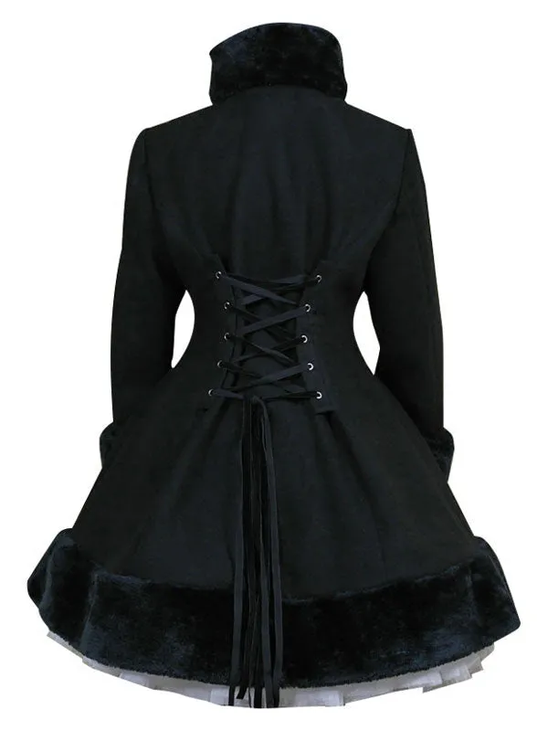 Gothic Lolita Outfits Wool Black Ribbons Hooded Cape With Winter Coat